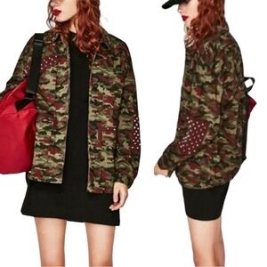 ZARA TRAFALUC Outerwear Jacket, Green and Red Camo with Studs Utility Jacket S
